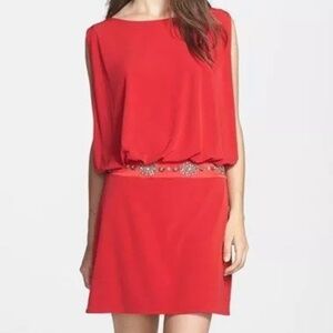 Laundry by Shelli Segal Red Retro Cocktail Dress w/ Rhinestone Waist Size 6
